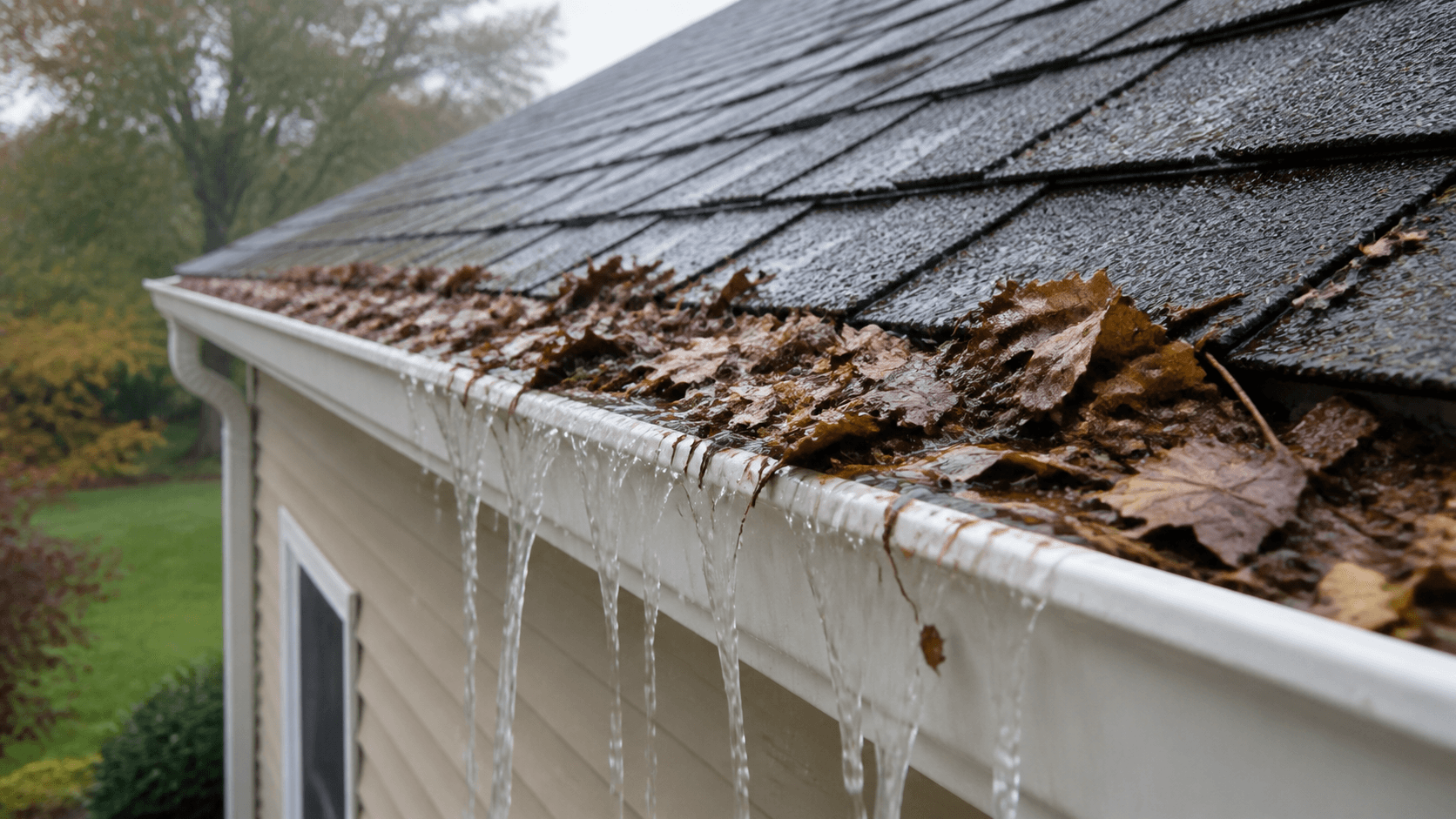 Gutter clogged with wet leaves and overflowing rainwater
