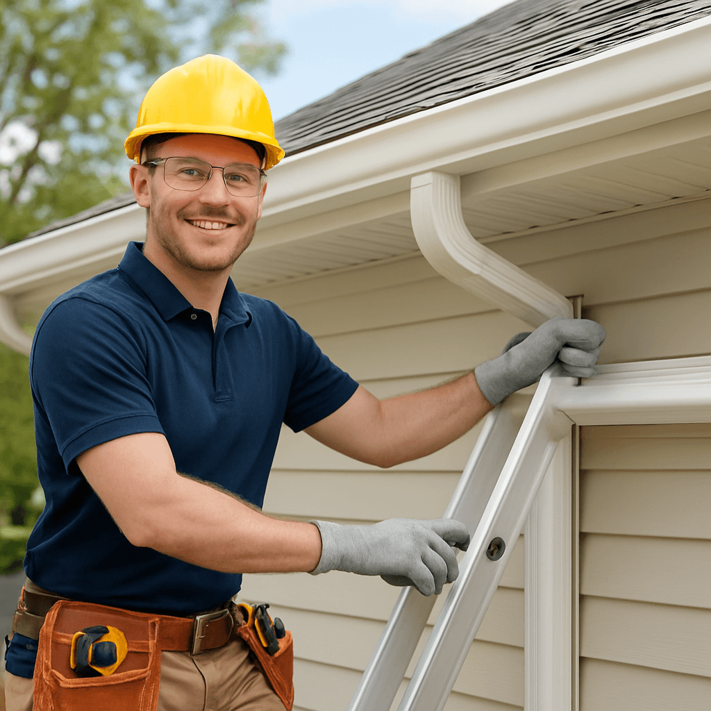 Gutter technician inspecting a residential gutter system